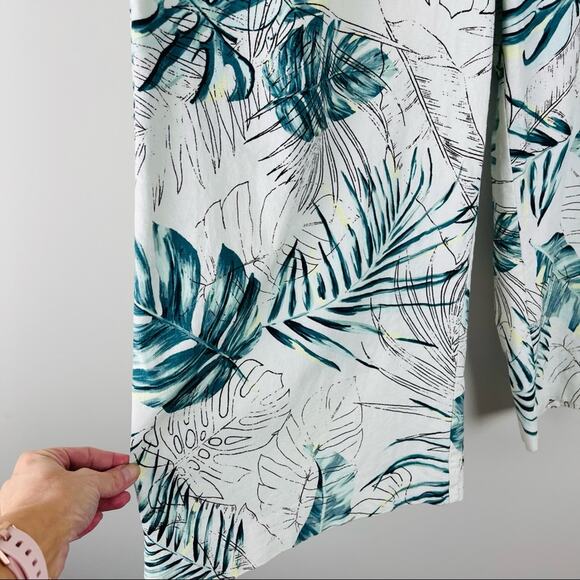 Cream green palm leaf tropical linen wide leg high waisted cropped pants large - Picture 8 of 9